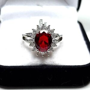 925 Silver Oval Red Ruby CZ Halo Cocktail Ring — Like New in Box